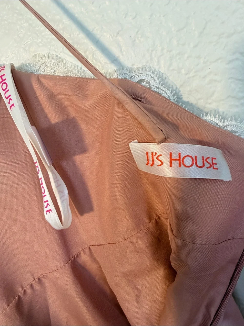 JJs House Blush Pink Lace Bodice Spaghetti Strap Evening Gown